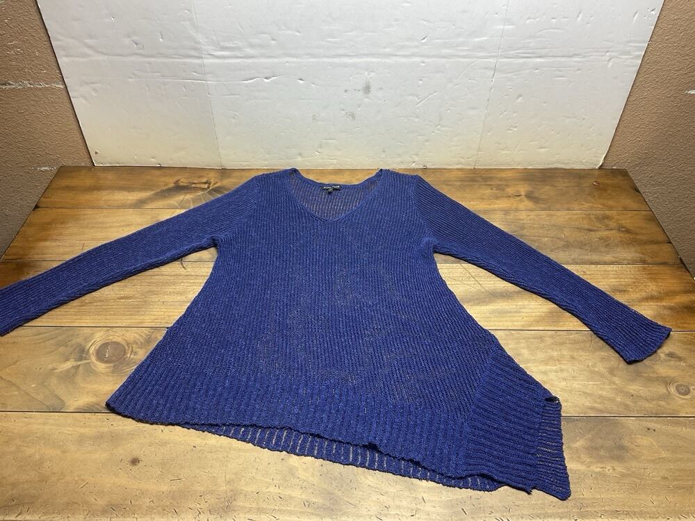 EILEEN FISHER Linen Blend Grain Ribbed Asymmetrical Sweater XL Blue Lagenlook